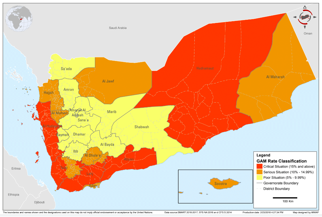 Global Acute Malnutrition, Yemen, 2017 (based on SMART 2016-2017, EFSNA 2016, CFSS 2019)