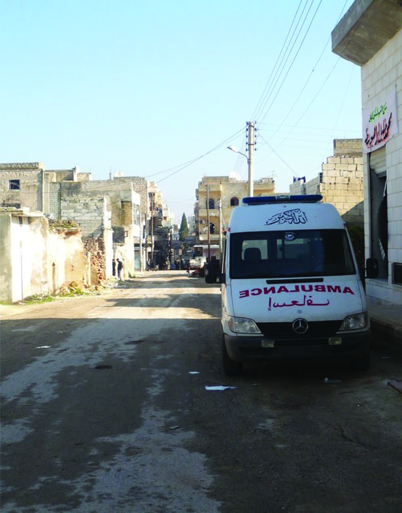 Ambulance in front of an advanced medical post supported by MSF in Idlib area, Syria