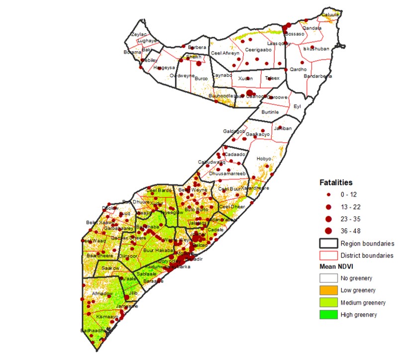 Répartition spatiale des conflits et de la végétation en Somalie entre 2017 et 2021 (source : ACLED)