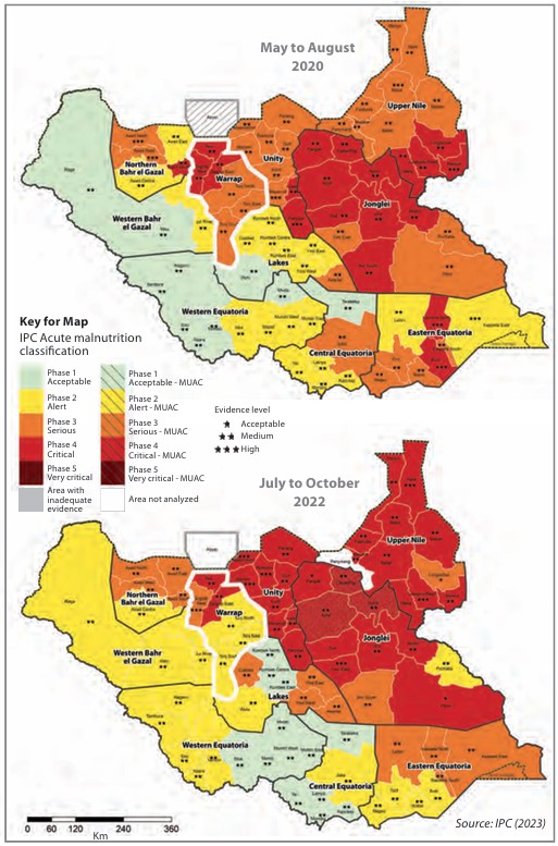 This figure depicts two maps of South Sudan, illustrating acute malnutrition levels across the country. Counties are colour coded as classified according to Integrated Food Security Phase Classification. The first map covers the time period of May to August 2020, and the second map covers July to October 2022. In both maps Warrap State is highlighted. 