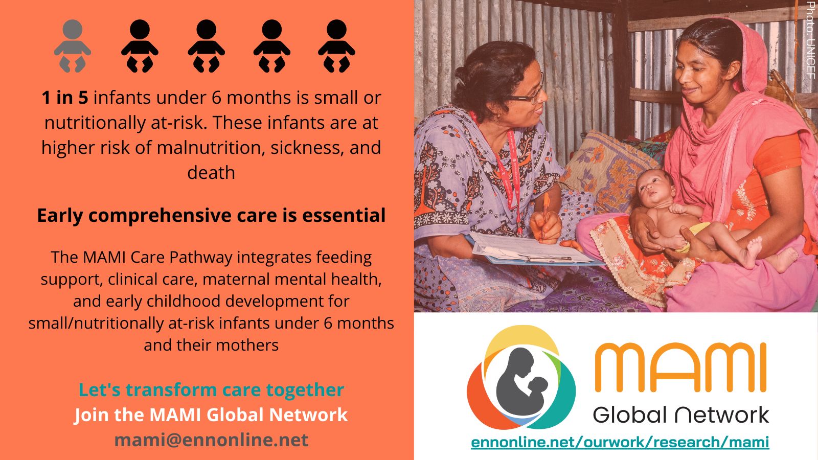 Social media card showing that 1 in 5 infants under 6 months are small or nutritionally at-risk. These infants are at higher risk of malnutrition, sickness, and death. Join the MAMI Global Network