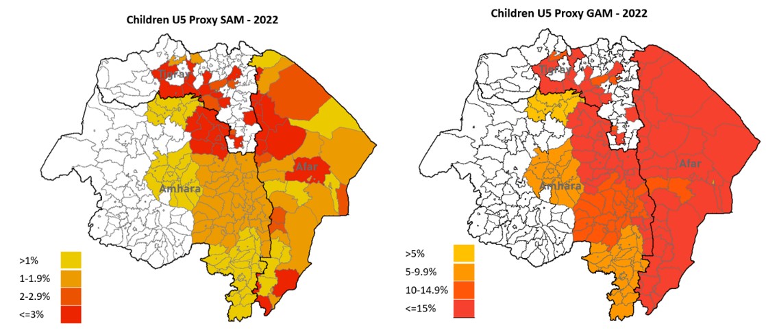 A map of northern Ethiopia showing the child US proxy SAM and GAM in 2022