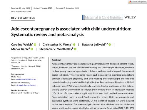 First page of the document 'Adolescent pregnancy is associated with child undernutrition: Systematic review and meta-analysis'