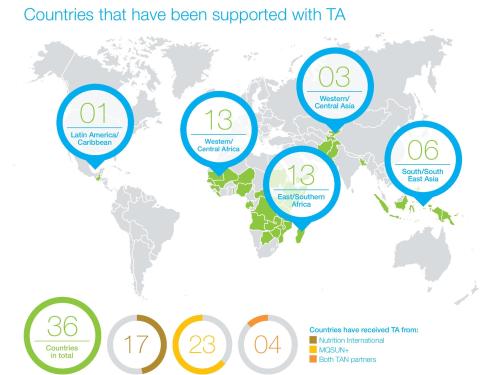 Infographic of the world showing countries that have been supported with Technical Assistance