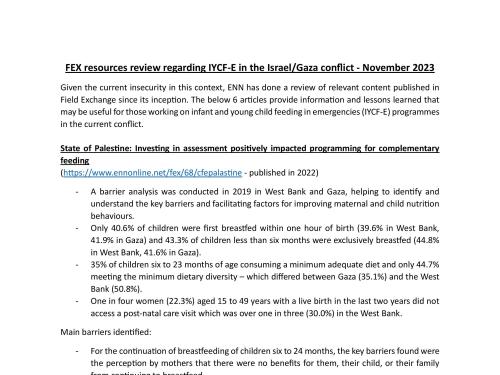 First page of the document 'field exchange resources review for IYCF-E learnings in Gaza/ Israel conflict from November 2023