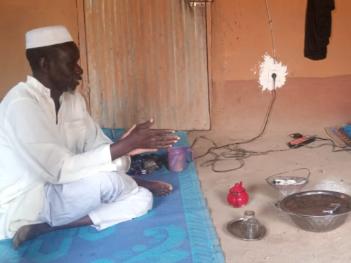 An Imam being interviewed by Dr Hawa Diarra as a part of the pilot study in Nara. Mali, 2022