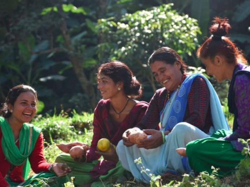 FB Women discussing iron rich orange fleshed sweet potato with a community health volunteer, Prasiddha, 2017