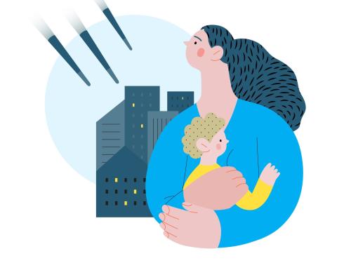 A cartoon icon of a woman hugging a baby in the foreground and bombs hitting a city in the background
