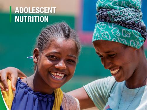 Front cover of report titled, "Adolescent Nutrition: Current progress and looking ahead. Meeting Report 9 - 10 February 2021. Image shows a woman with her arm around a girl and they are smiling.
