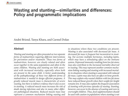 Front cover of research paper titled, "Wasting and stunting—similarities and differences: Policy and programmatic implications."