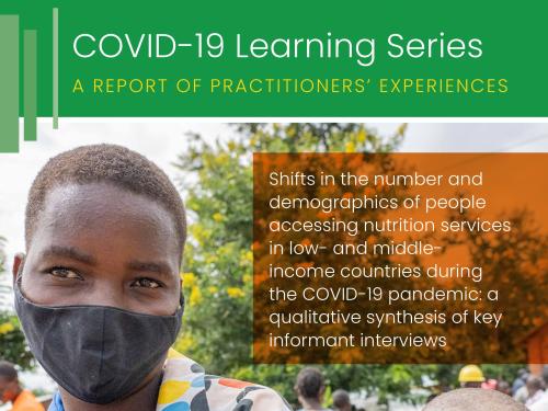 Front page of a report of practitioners' experiences as part of the COVID-19 Learning Series. Picture shows a woman with a mask on and a young infant strapped to her back.