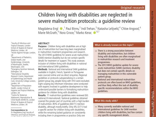 Front page of guideline review titled, 'Children living with disabilities are neglected in severe malnutrition protocols: a guideline review.'