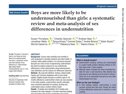 First page of research article titled, "Boys are more likely to be undernourished than girls: a systematic review and meta-analysis of sex differences in undernutrition."