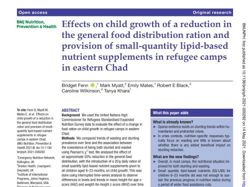 First page of document 'Effects on child growth of a reduction in  the general food distribution ration and  provision of small-quantity lipid-based  nutrient supplements in refugee camps  in eastern Chad'