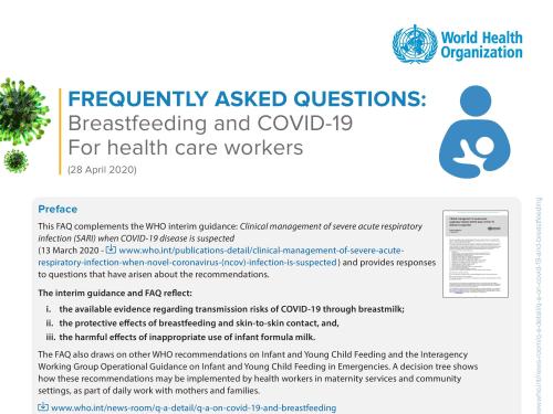 First page of document titled. "Frequently asked questions: Breastfeeding and COVID-19 For health care workers" by the World Health Organization (WHO).
