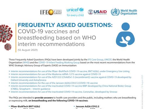 First page of document titled, "Frequently Asked Questions: COVID-19 vaccines and breastfeeding based on WHO interim recommendations. 12th August 2021.