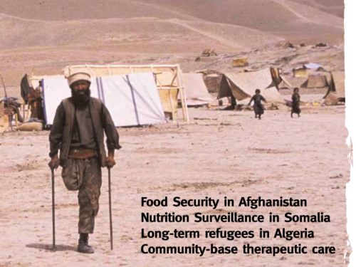 Front cover image shows a camp in Afghanistan with a man with one leg walking on crutches