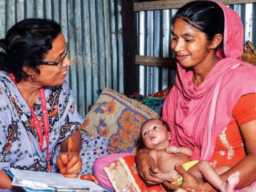Front cover of document titled, "Special section on MAMI: Management of at risk mothers and infants under six months." Image shows a healthcare worker speaking to a mother about her baby during assessment.