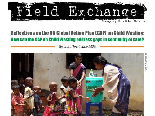 Front cover of technical brief titled, "Reflections on the UN Global Action Plan (GAP) on Child Wasting: How can the GAP on Child Wasting address gaps in continuity of care?" The image shows a women demonstrating to group of children how to wash their hands. 