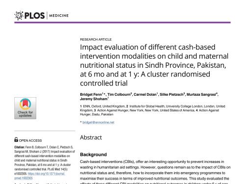 Front cover of research paper titled, "Impact evaluation of different cash-based intervention modalities on child and maternal nutritional status in Sindh Province, Pakistan, at 6 mo and at 1 y: A cluster randomised controlled trial."