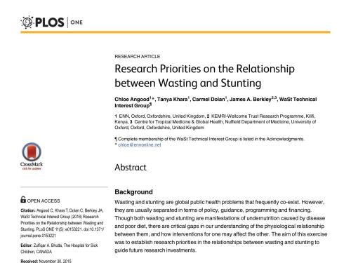 Front cover of article titled, "Research Priorities on the Relationship between Wasting and Stunting."
