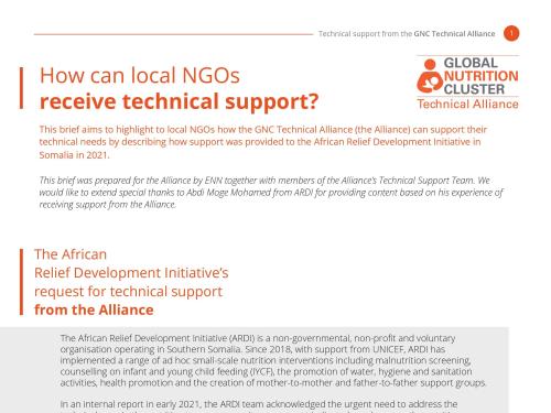 Front page of Global Nutrition Cluster's technical brief titled, 'How can local NGOs receive technical support?'
