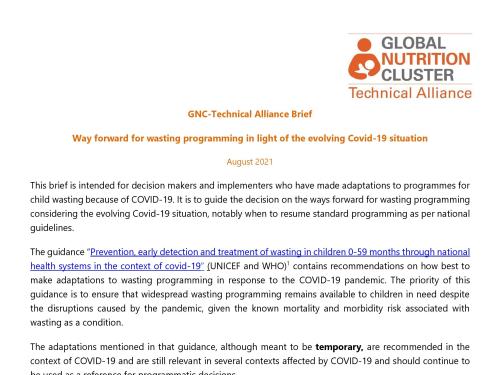 First page of the document 'GNC-Technical Alliance Brief- Way forward for wasting programming in light of the evolving Covid-19 situation'