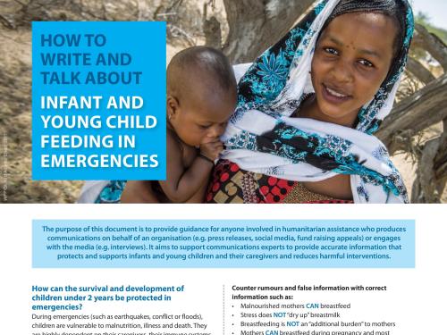 First page of document 'How to write and talk about IYCF-E' with a photo of a lady and her baby