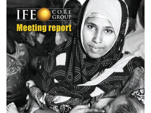 Front cover of report titled, "IFE core group meeting report 2016: Update of operational guidance on infant and young child feeding in emergencies." Image shows a mother breastfeeding her baby.