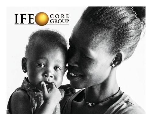 Front cover of report titled, "IFE Core Group Strategy 2020-2024." The front page shows image of mother smiling and holding baby. 