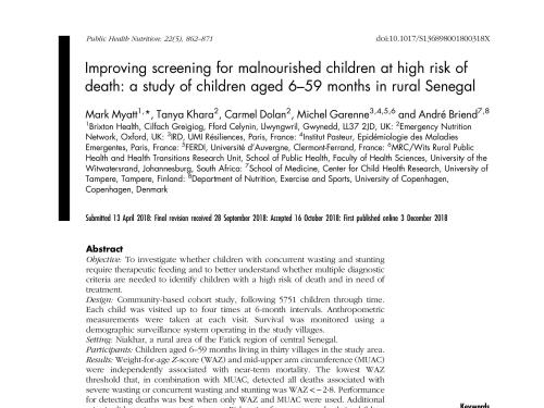 Front cover of research paper titled, "Improving screening for malnourished children at high risk of death: a study of children aged 6–59 months in rural Senegal."