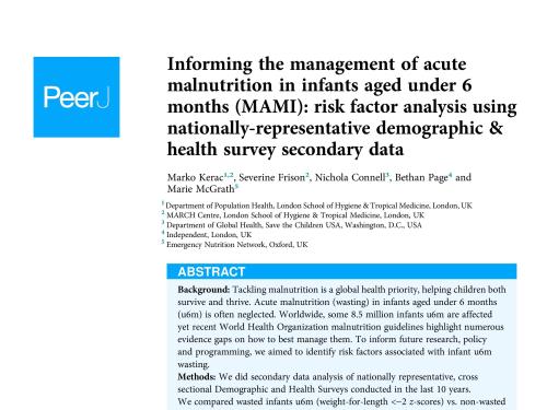 First page of research article titled, "Informing the management of acute malnutrition in infants aged under 6 months (MAMI): risk factor analysis using nationally-representative demographic & health survey secondary data." 