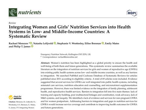 Front page of article review titled, "Integrating Women and Girls Nutrition Services into health systems in low- and middle- income countries: A Systematic Review"