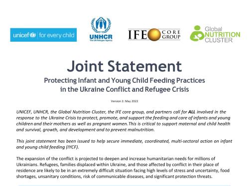 Front page of the Joint Statement Protecting Infant and Young Child Feeding Practices in the Ukraine Conflict and Refugee Crisis.
