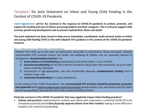 First page of document 'Template for Joint Statement on Infant and Young Child Feeding in the Context of COVID-19 Pandemic'