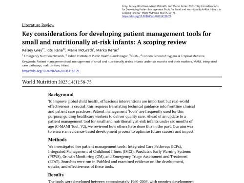 First page of document 'Key considerations for developing patient management tools for small and nutritionally at-risk infants'