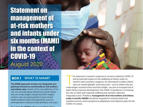 Front cover of statement titled, "Statement on management of at-risk mothers and infants under six months (MAMI) in the context of COVID-19" from August 2020. Picture showing mother cradling very small baby.