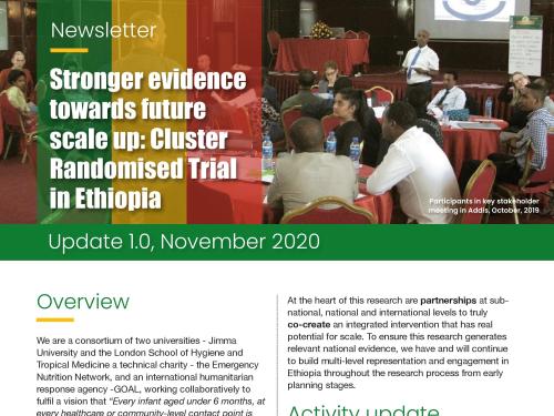 First page of the newsletter titled, "Stronger evidence towards future scale up: Cluster Randomised Trial in Ethiopia."