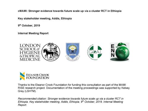 Front page of Internal Meeting Report titled, "Stronger evidence towards future scale up via a cluster RCT in Ethiopia." In Addis, Ethiopia.