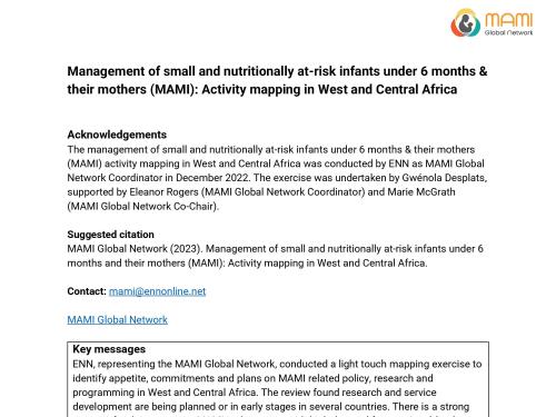 First page of document 'Management of small and nutritionally at-risk infants under 6 months & their mothers (MAMI): Activity mapping in West and Central Africa'