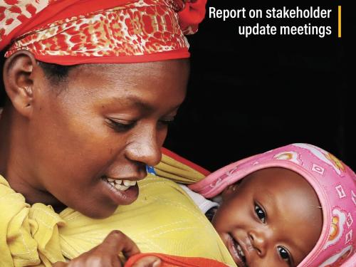 Front cover of report titled, "Stronger evidence towards future scale-up of management of at-risk mothers and infants under six months (MAMI): Cluster Randomised Trial in Ethiopia. Report on stakeholder update meetings, 14th December 2020. Image shows a baby strapped to mothers back.