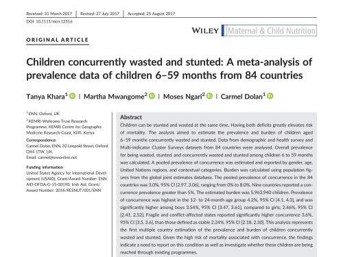 Front cover of titled paper titled, "Children concurrently wasted and stunted: A meta-analysis of prevalence data of children 6 – 59 months from 84 countries."