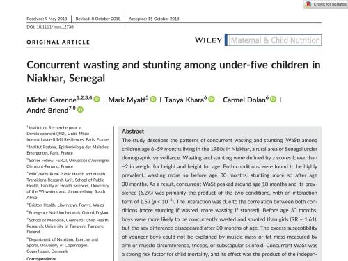 Front cover of research paper titled, "Concurrent wasting and stunting among under-five children in Niakhar, Senegal."