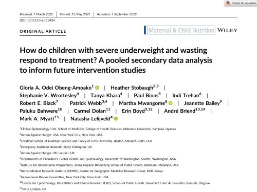 Front page of article titled, "How do children with severe underweight and wasting respond to treatment? A pooled secondary data analysis to inform future intervention studies."