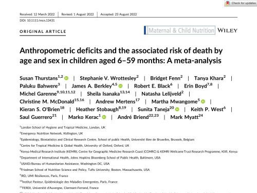Front page of article titled, "Anthropometric deficits and the associated risk of death by age and sex in children aged 6–59 months: A meta‐analysis"