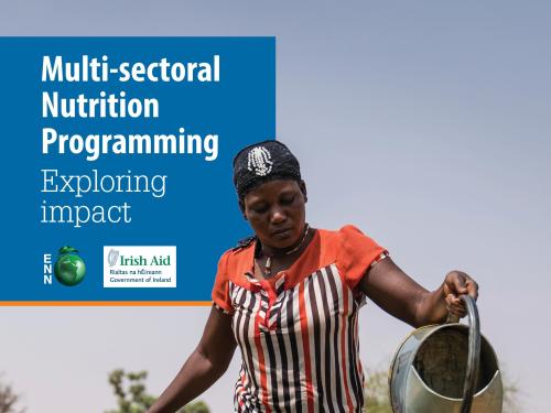 Front cover of report titled, "Multi-sectoral Nutrition Programming Exploring  impact." Image shows a woman watering crops in field.