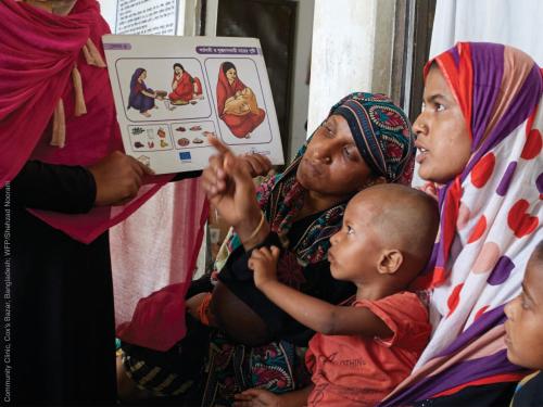 Front cover of report titled, "Nutrition and Health Integration: A Rapid Review of Published and Grey Literature." Image shows a healthcare worker showing a family a poster about nutrition.