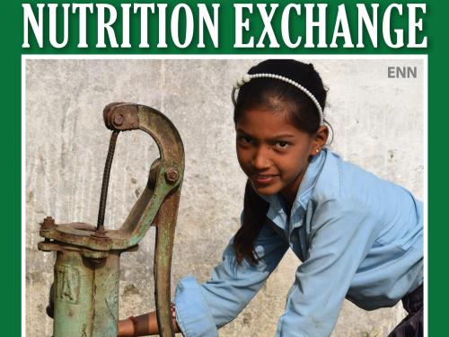 Front cover of English version of Nutrition Exchange Issue 12. Image shows a school girl collecting water from a water pump.