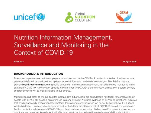 First page of brief titled, "Nutrition Information Management, Surveillance and Monitoring in the Context of COVID-19" from 14th of April 2020.