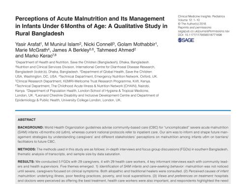 First page of the document 'Perceptions of Acute Malnutrition and Its Management in Infants Under 6 Months of Age: A Qualitative Study in Rural Bangladesh'